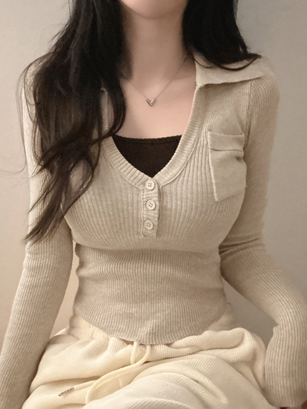 V-Neck Slims Figure Long Sleeve