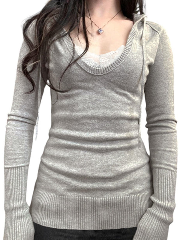 V-Neck Color-Blocked Tie-Front Long Sleeve