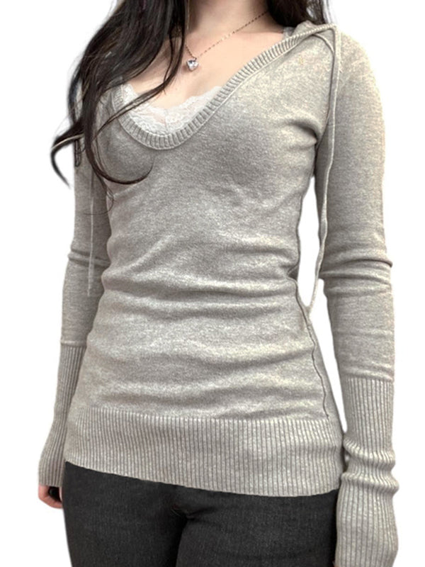 V-Neck Color-Blocked Tie-Front Long Sleeve