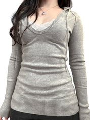 V-Neck Color-Blocked Tie-Front Long Sleeve