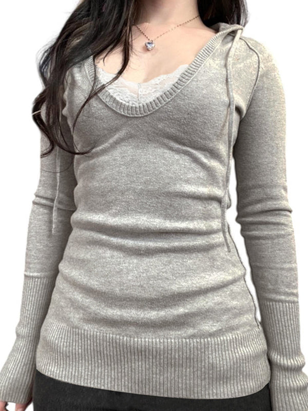 V-Neck Color-Blocked Tie-Front Long Sleeve