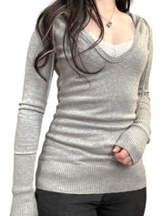 V-Neck Color-Blocked Tie-Front Long Sleeve