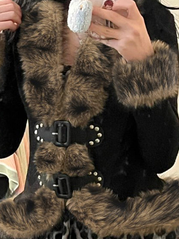 Faux Fur Patchwork Buckle Jacket