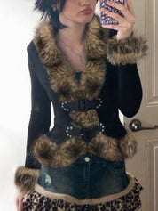 Faux Fur Patchwork Buckle Jacket