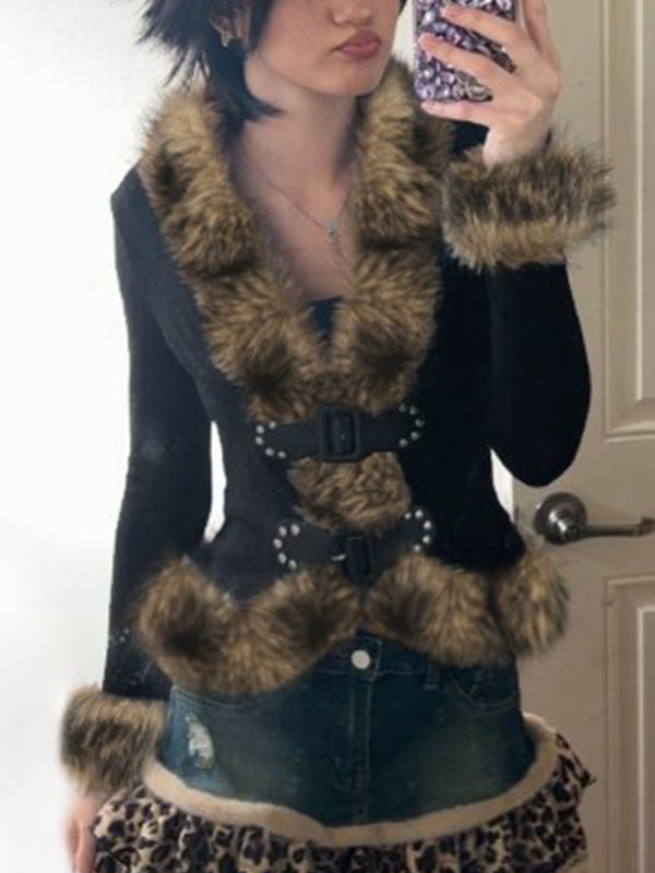 Faux Fur Patchwork Buckle Jacket