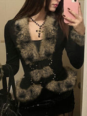 Faux Fur Patchwork Buckle Jacket