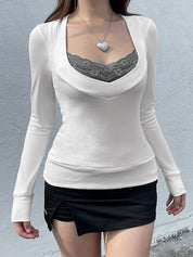 Lace Patchwork With Color Block Long Sleeve