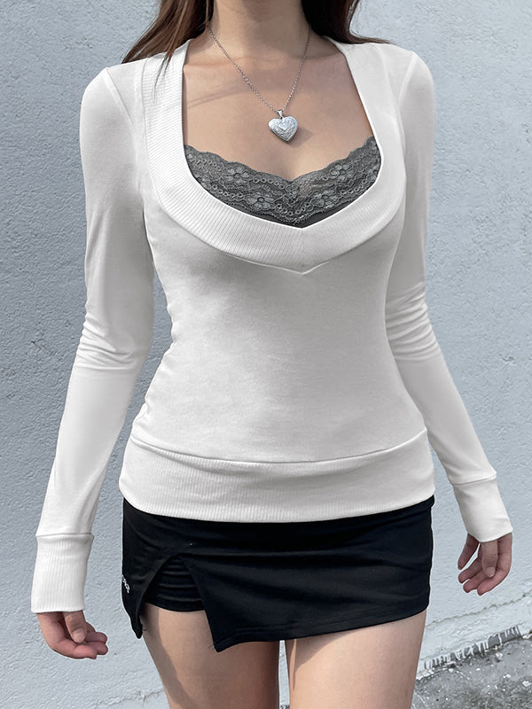 Lace Patchwork With Color Block Long Sleeve