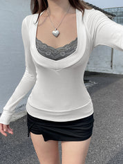 Lace Patchwork With Color Block Long Sleeve