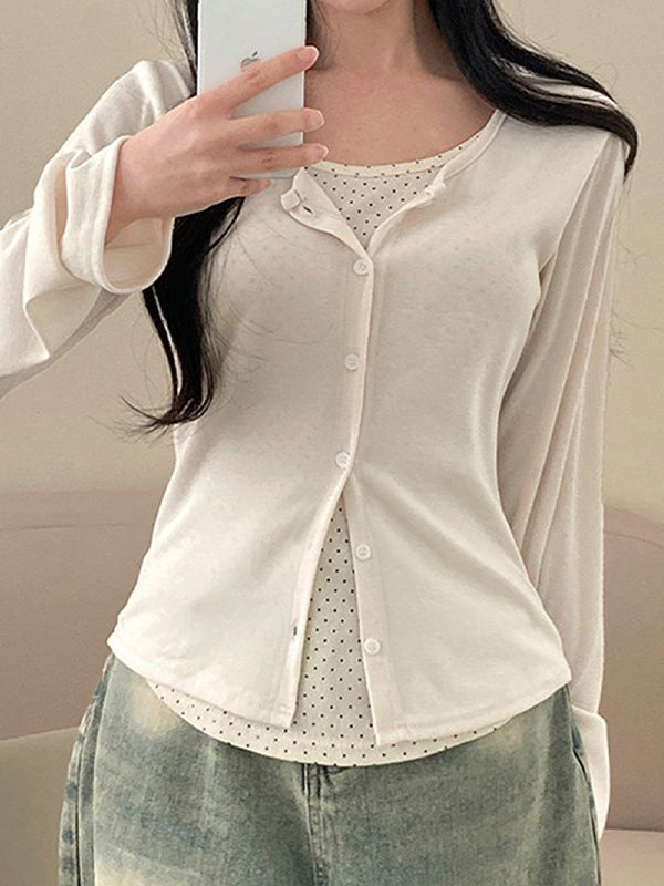 Polka Dot Print Button Placket Cardigan