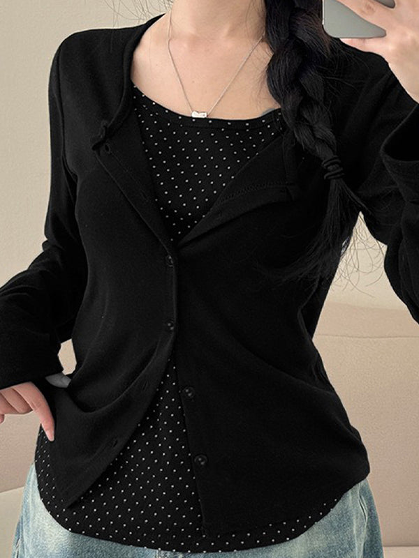 Polka Dot Print Button Placket Cardigan