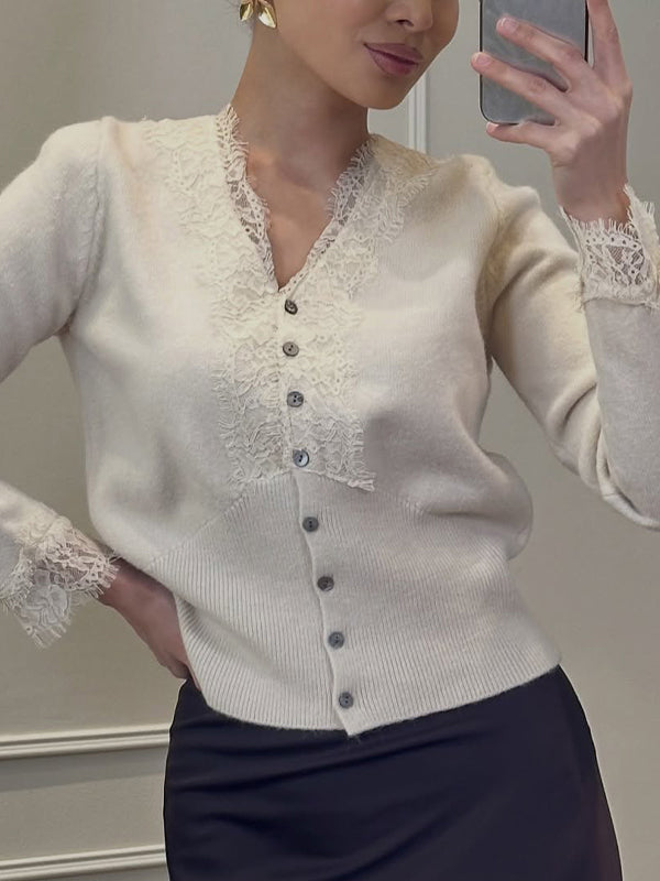 Lace-Trimmed Multicoloured V-Neck Cardigan