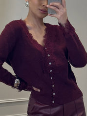 Lace-Trimmed Multicoloured V-Neck Cardigan