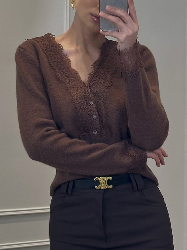 Lace-Trimmed Multicoloured V-Neck Cardigan