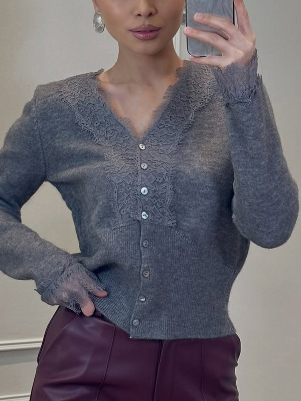 Lace-Trimmed Multicoloured V-Neck Cardigan