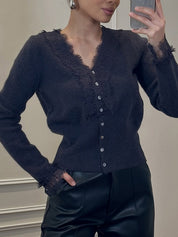 Lace-Trimmed Multicoloured V-Neck Cardigan