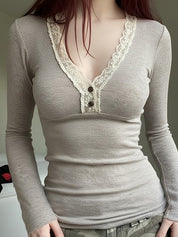 Lace V-Neck Button-Down Long Sleeve