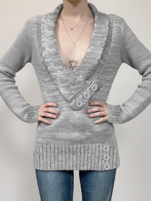 Retro Rolled V-Neck Long Sleeve