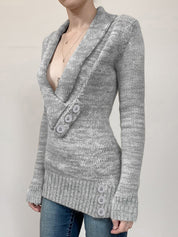 Retro Rolled V-Neck Long Sleeve