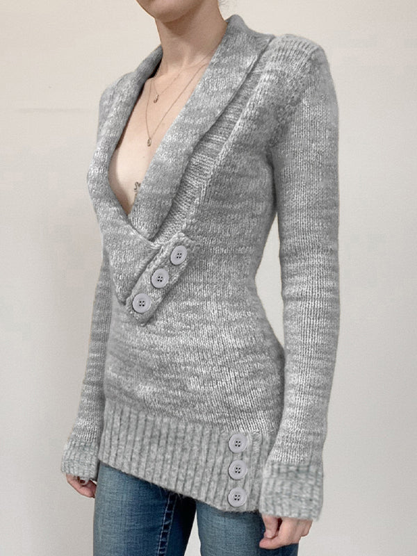 Retro Rolled V-Neck Long Sleeve