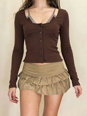 Lace-Trimmed Spaghetti-Strap Patchwork Long Sleeve