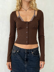 Lace-Trimmed Spaghetti-Strap Patchwork Long Sleeve