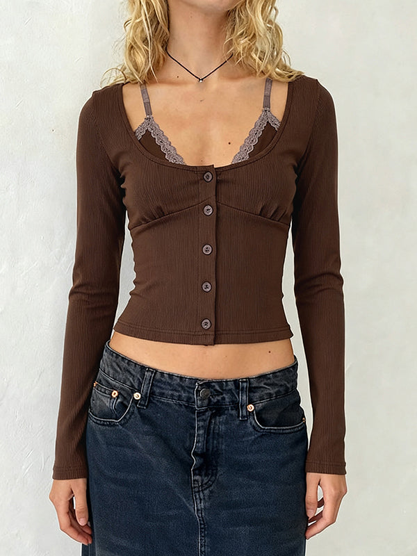 Lace-Trimmed Spaghetti-Strap Patchwork Long Sleeve