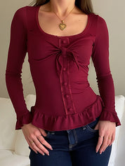 Bow-Tie Square Neckline Long Sleeve