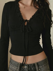 Lace-Trimmed V-Neck Long Sleeve