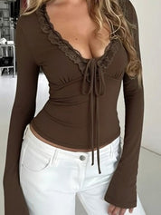 Lace-Trimmed V-Neck Long Sleeve