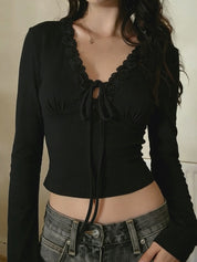 Lace-Trimmed V-Neck Long Sleeve