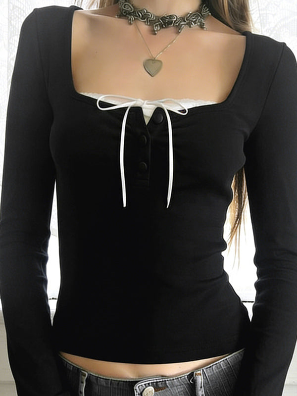 Lace Trim Applique Long Sleeve