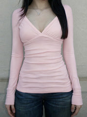 Solid-Color Basic V-Neck Long Sleeve