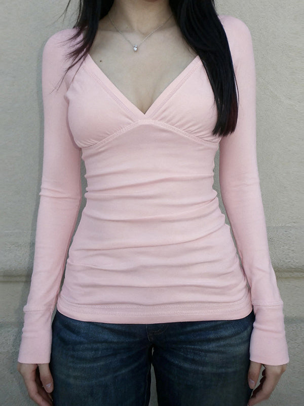Solid-Color Basic V-Neck Long Sleeve