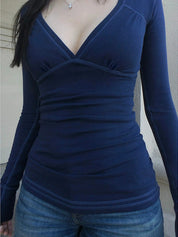 Solid-Color Basic V-Neck Long Sleeve