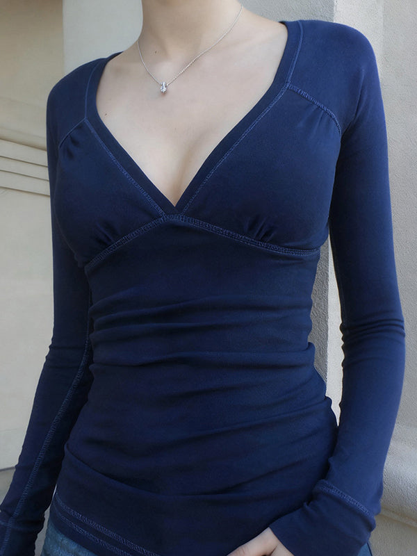 Solid-Color Basic V-Neck Long Sleeve