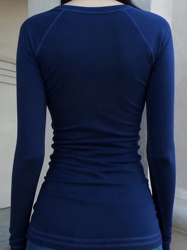 Solid-Color Basic V-Neck Long Sleeve