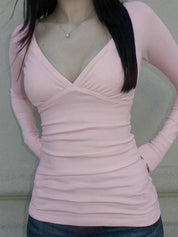 Solid-Color Basic V-Neck Long Sleeve