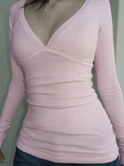 Solid-Color Basic V-Neck Long Sleeve