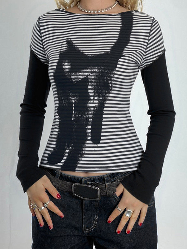Cat Print Stripes Long Sleeve
