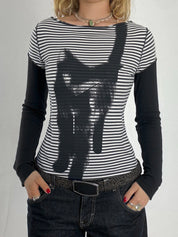Cat Print Stripes Long Sleeve