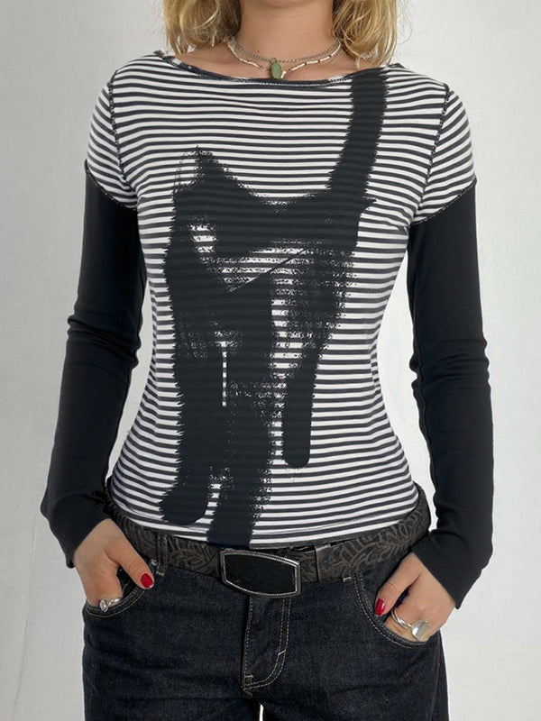 Cat Print Stripes Long Sleeve