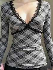 Retro Plaid Color Blocking Long Sleeve