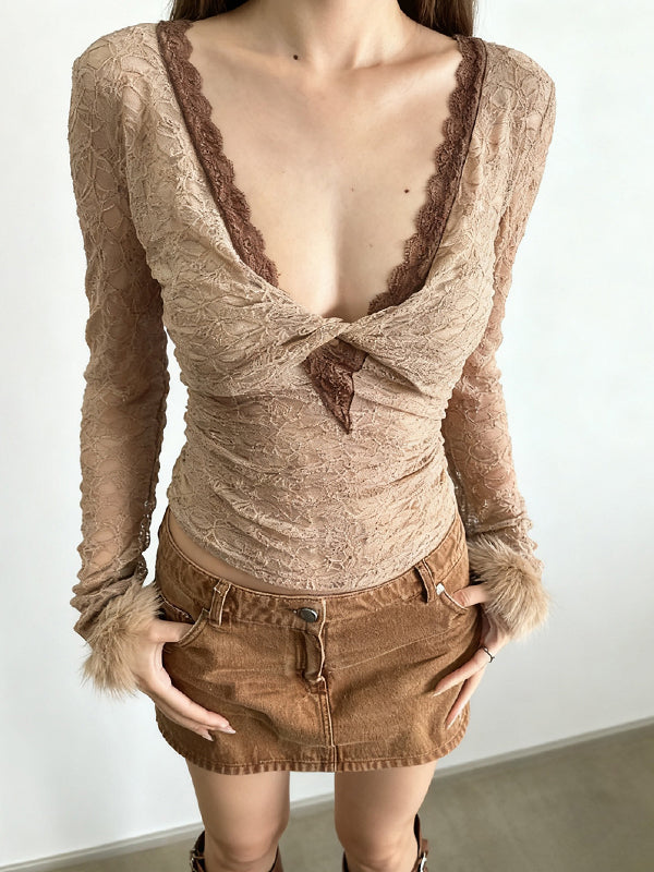 Lace Contrast Color Fuzzy Long Sleeve