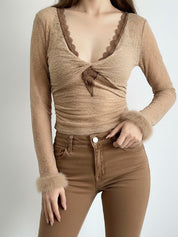 Lace Contrast Color Fuzzy Long Sleeve