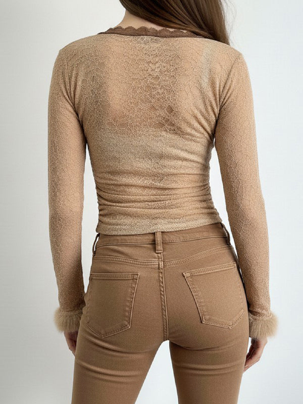 Lace Contrast Color Fuzzy Long Sleeve