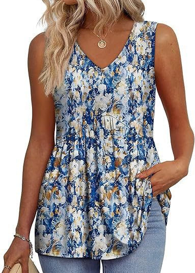 Womens V Neck Sleeveless Flowy Peplum Tops