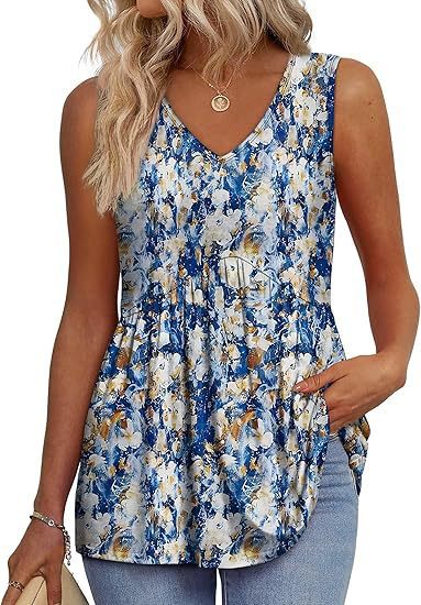 Womens V Neck Sleeveless Flowy Peplum Tops