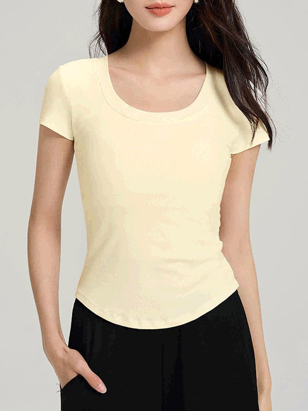 Oversized U-neck Waist-cinching Padded-Chest T-Shirt