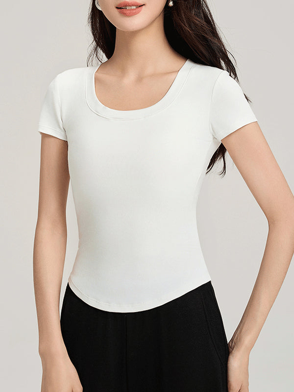 Oversized U-neck Waist-cinching Padded-Chest T-Shirt
